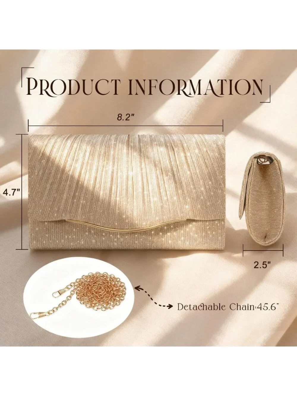 Women’s Champagne Formal Clutch Purse Elegant Evening Bag Detachable Chain Strap